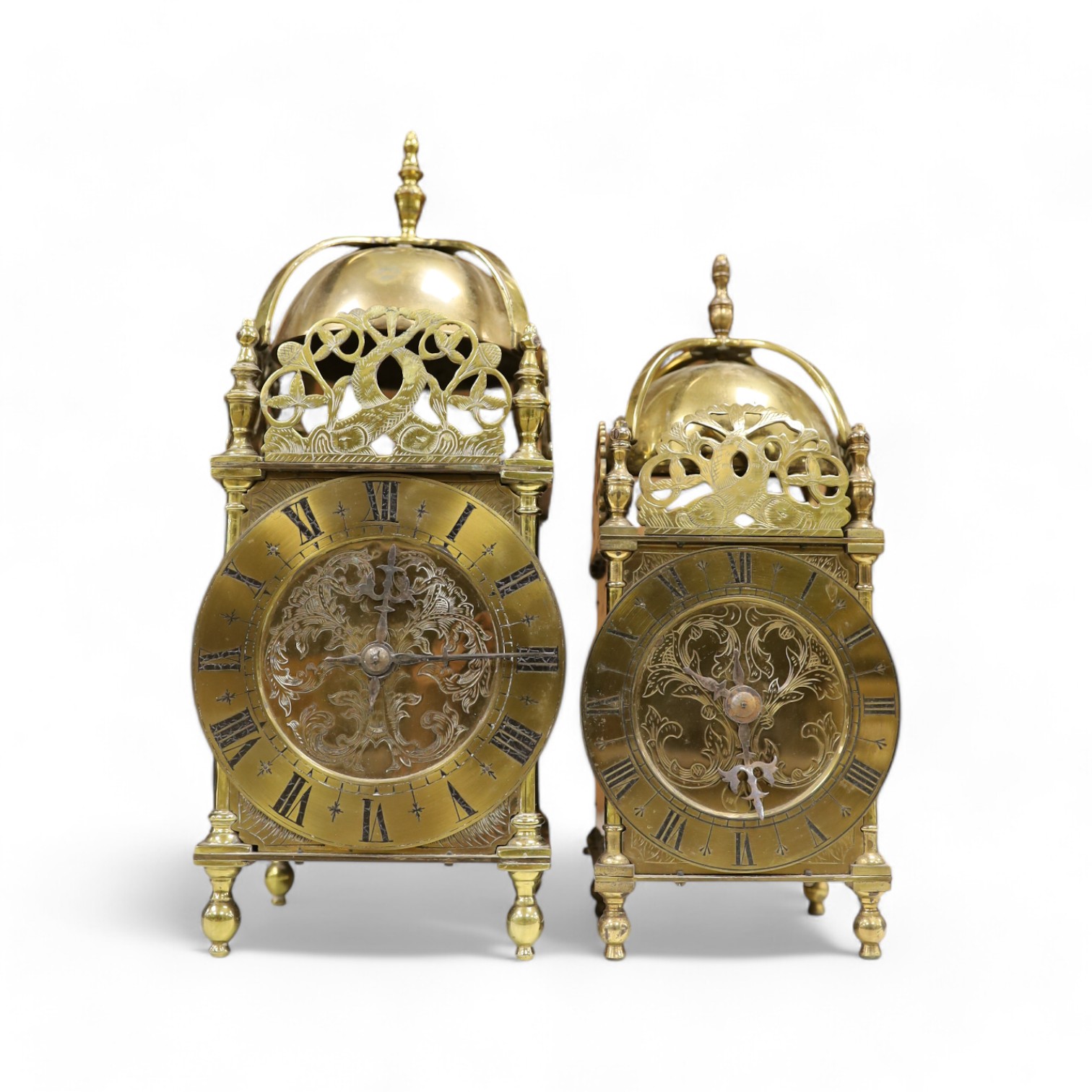 Two brass lantern clocks with 20th century escapement units, tallest 30cm high. Condition - fair